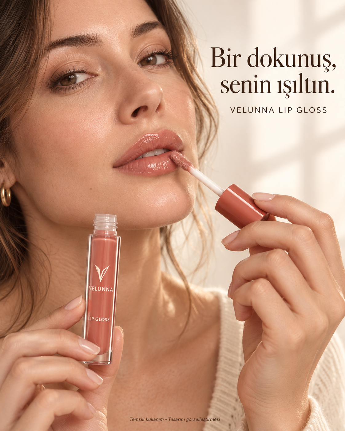 Velunna lip gloss tasarımının temsili kullanım sahnesi